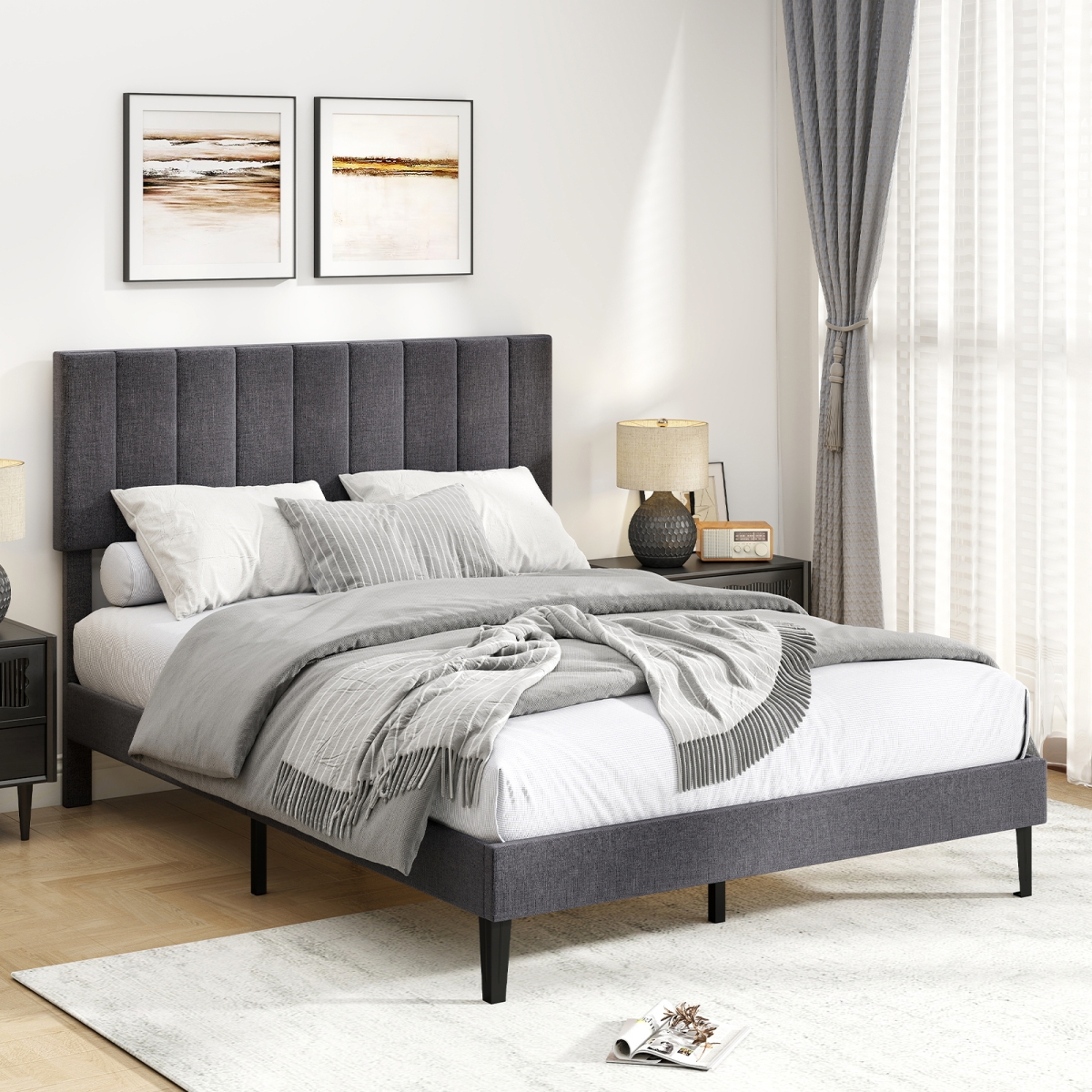HU11141US-FGR Velvet Upholstered Platform Bed with Height Adjustable Vertical Channel Headboard, Gray - Full Size