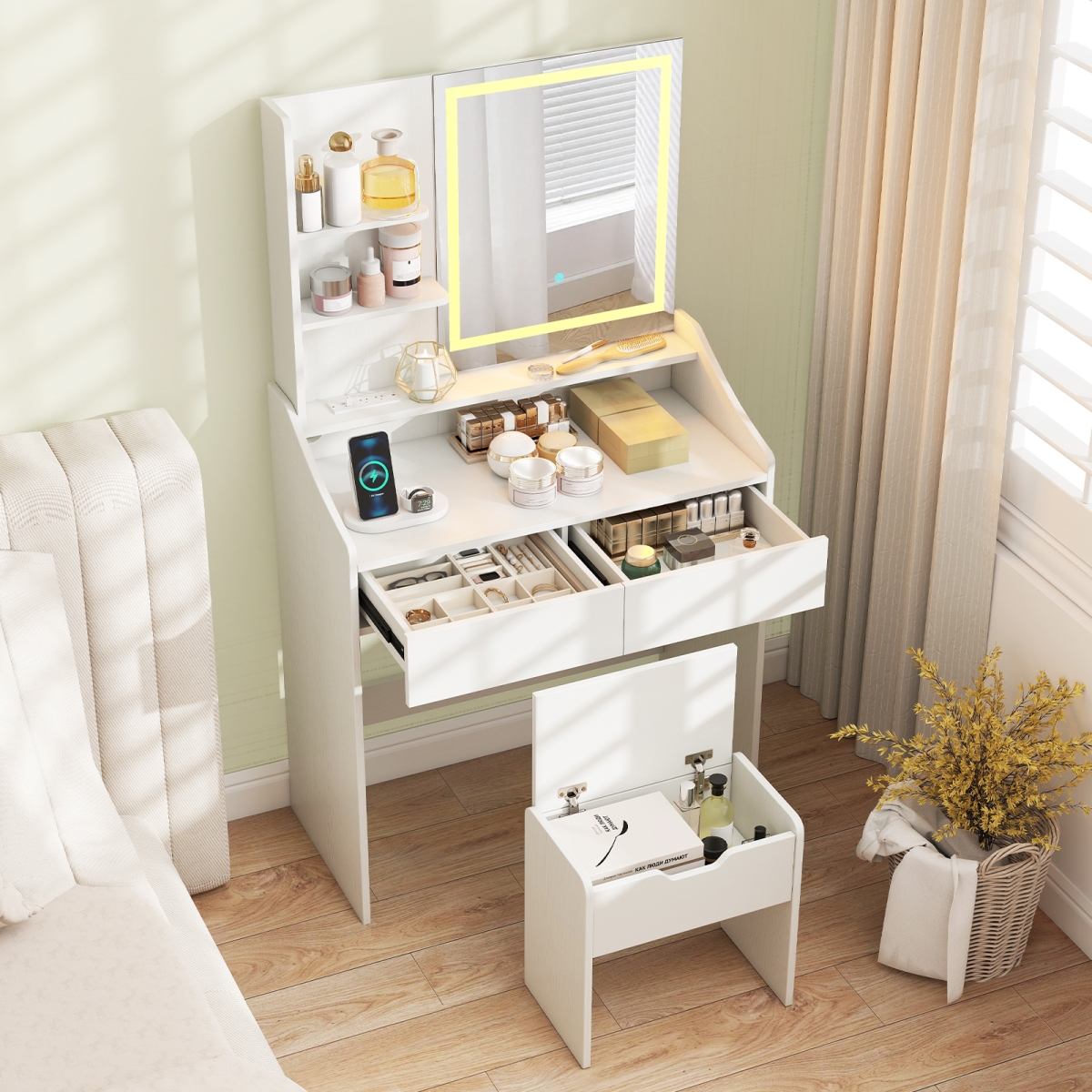 HU11182US-WH Vanity Desk LED Lighted Makeup Table with 3 Color Modes, White