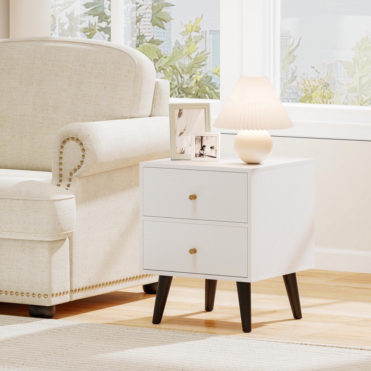 HU11184WH Mid Century Modern Bedside Table Nightstand with Golden Knobs & Raised Support Legs, White