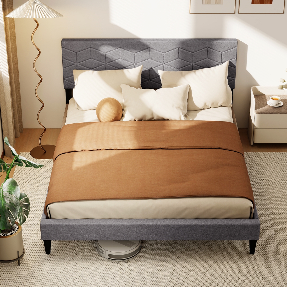 HU11283LR-Q Bed Frame Modern Platform Bed with Linen Fabric Upholstered Headboard, Gray - Queen Size