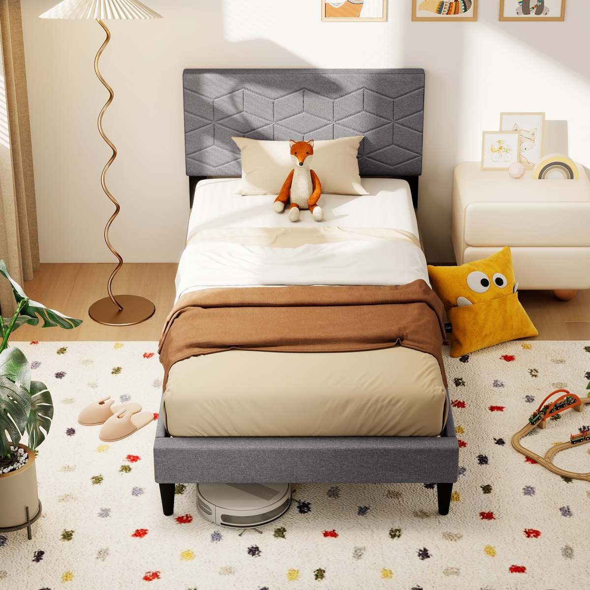 HU11283LR-T Bed Frame Modern Platform Bed with Linen Fabric Upholstered Headboard, Gray - Twin Size