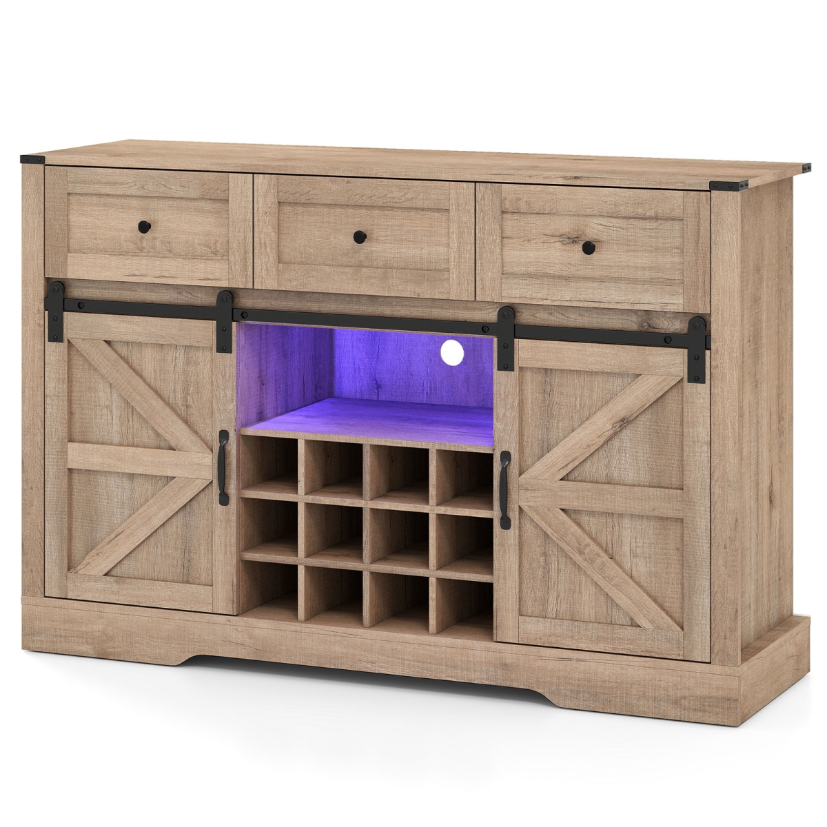 JV11573GR 52 in. Wine Bar Cabinet with LED Lights & Sliding Barn Doors, Light Gray