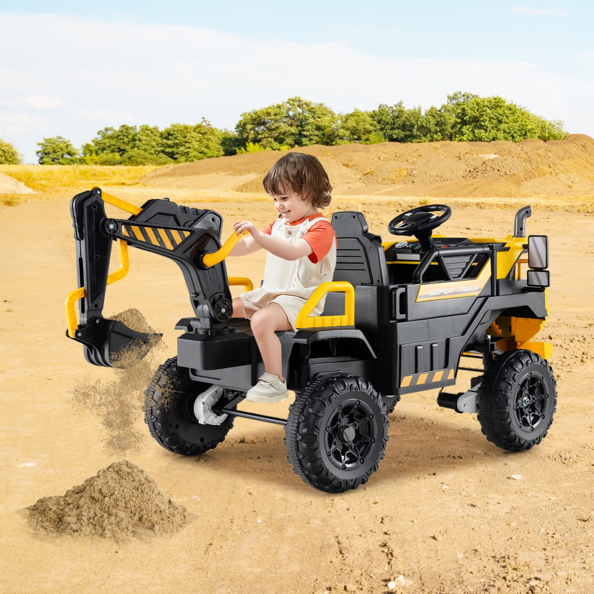 TQ10422US-YW 24V Ride-on Excavator 4WD 2-Seater with Remote Control & Digging Arm, Yellow