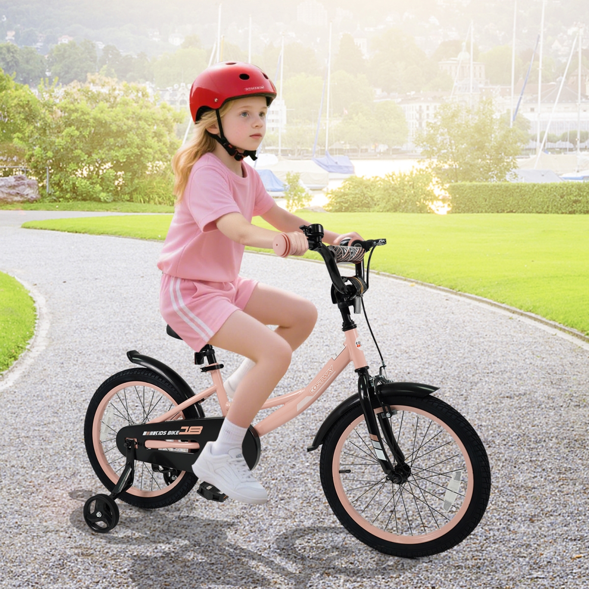 TS10252PI-18 18 in. Kids Bike Adjustable with Removable Training Wheels for 3-8 Years Old, Pink