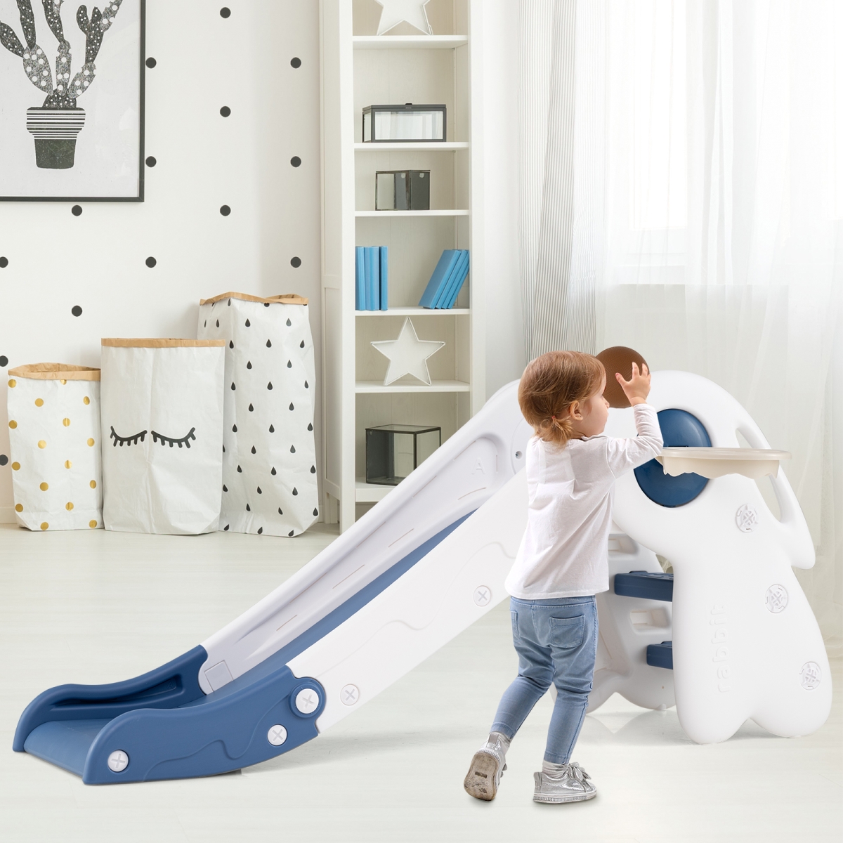 UY10181BL 3-in-1 Toddler Slide Baby Slide Climber Playset with Basketball Hoop & Basketball, Blue