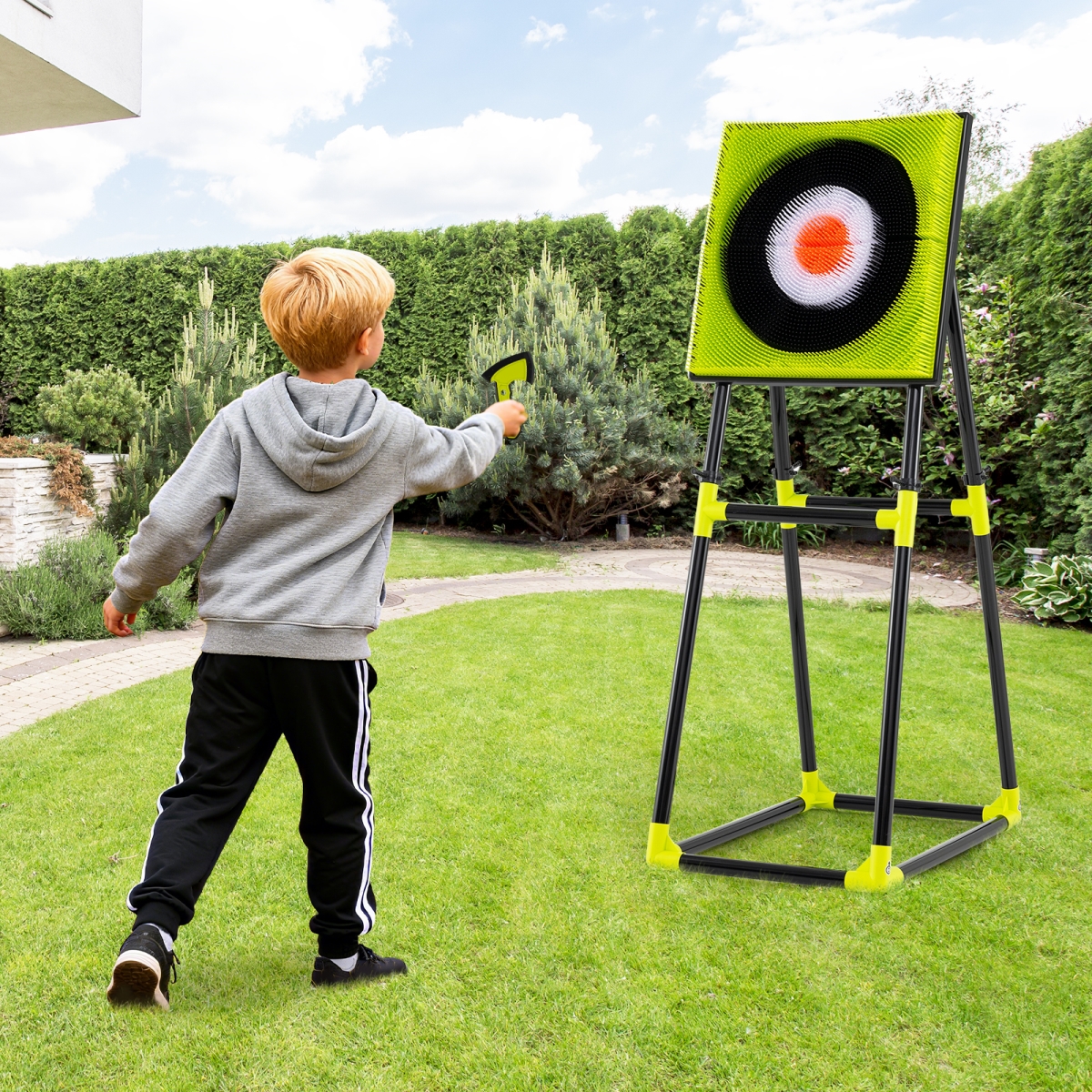 UY10211 4-in-1 Throwing Target Set Kids Throwing Game with Bristle Target, Green, Black & Grey