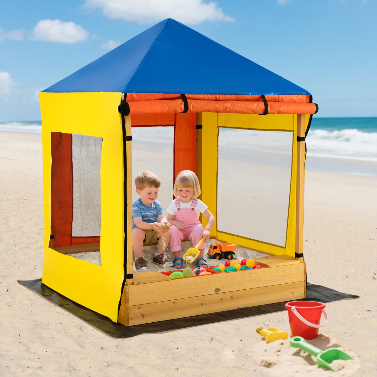 TP10403CL Kids Wooden Sandbox with Canopy Large Sand Pit with Mesh Windows & Bottom Liner, Multi Color