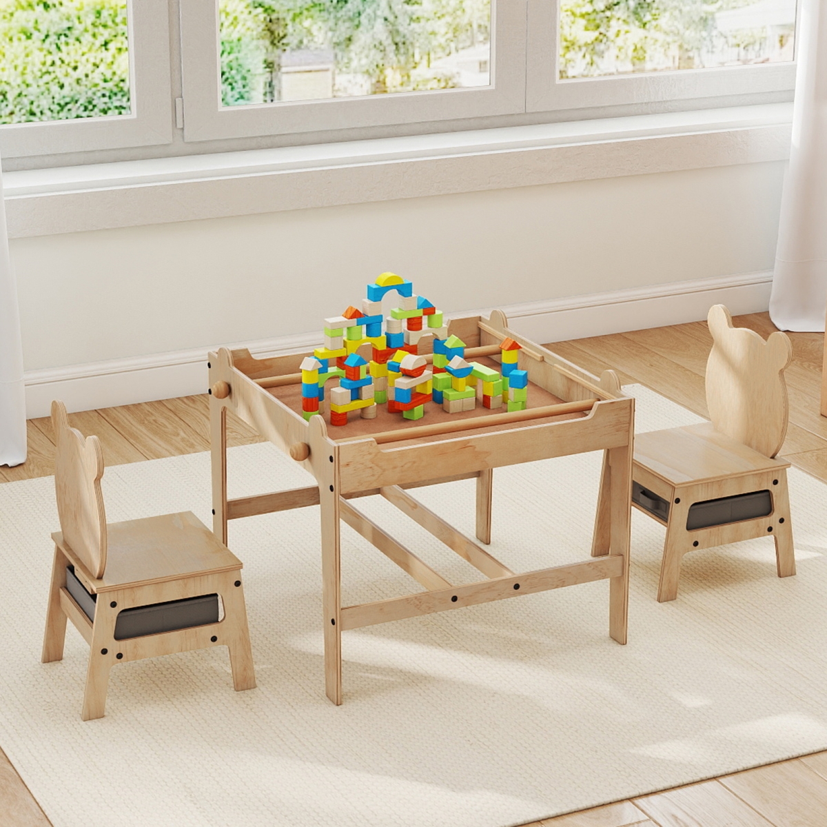 TP10410GR Kids Table & Chairs Set with Reversible Whiteboard Panda Shaped, Natural
