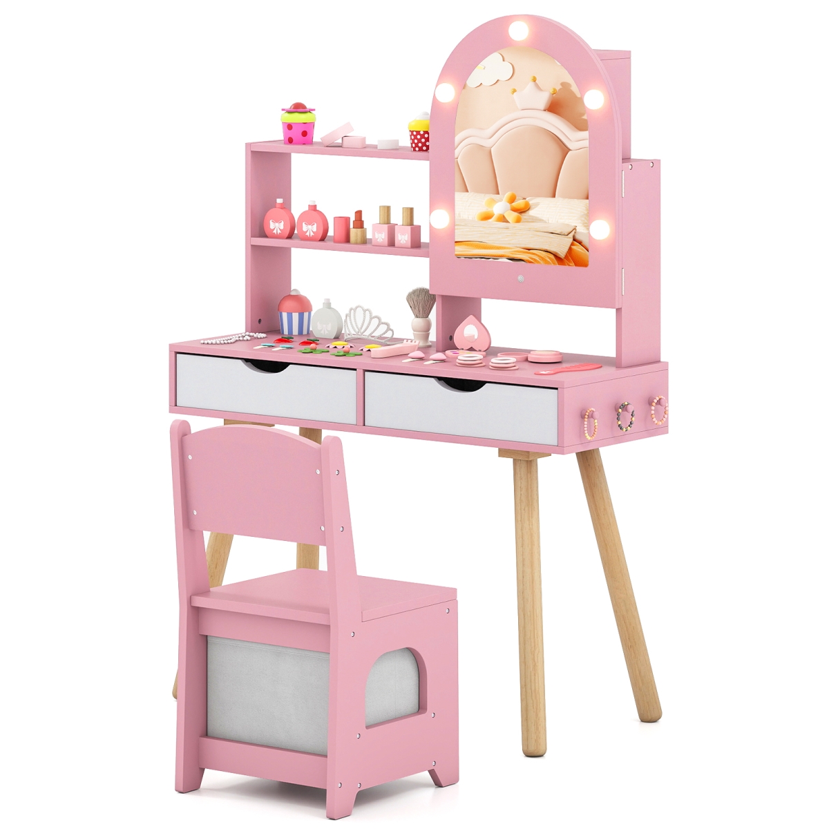 TP10448PI Kids Vanity Set Pretend Play Dressing Table Set with 3-Color Lighting Modes Adjustable Brightness & Mirror Cabinet, Pink