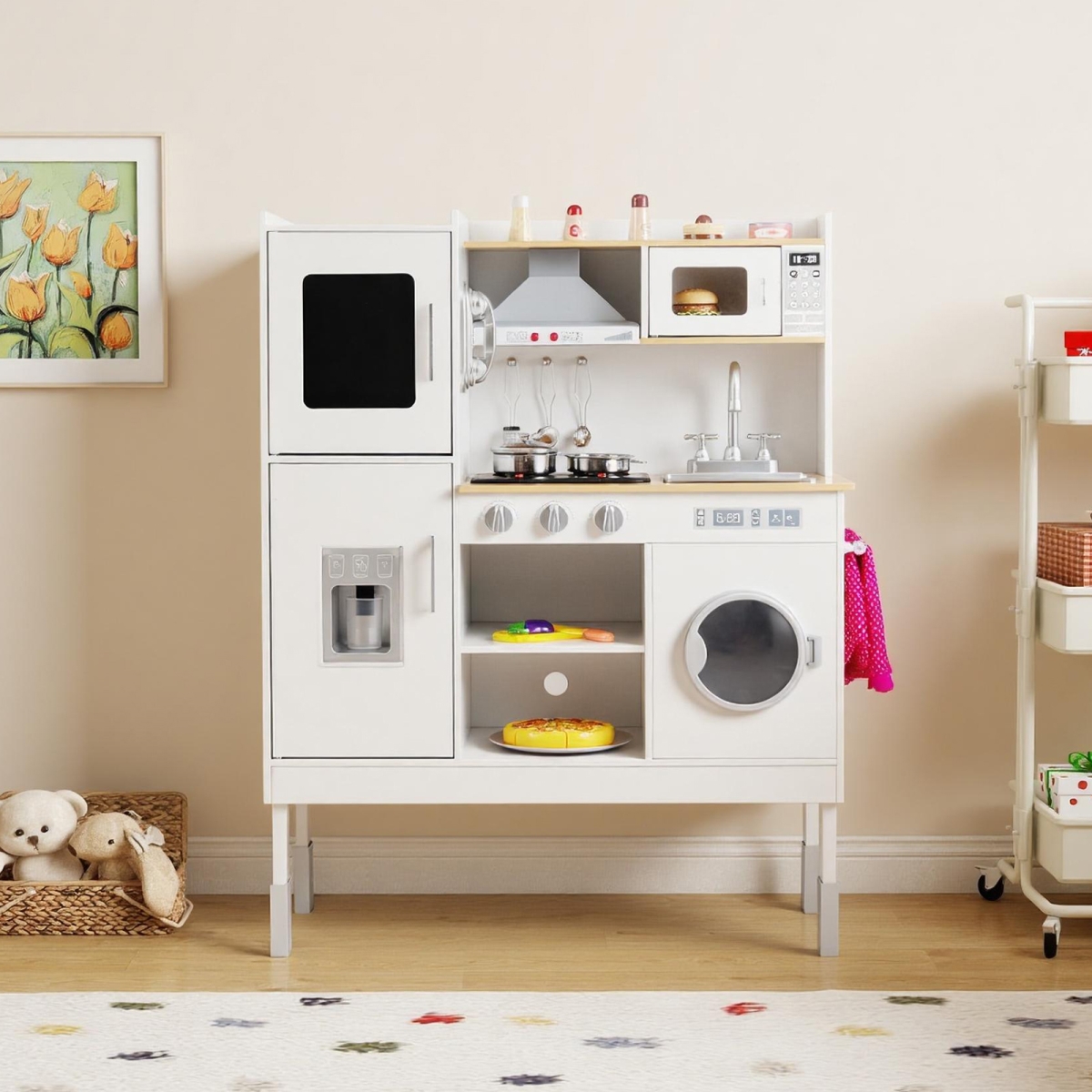 TP10469NA Pretend Play Kitchen Toy Kitchen Playset with Range Hood Ice Maker & Telephone, White