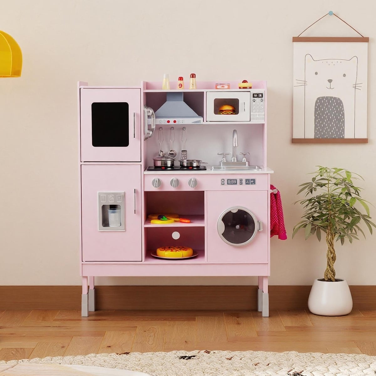 TP10469PI Pretend Play Kitchen Toy Kitchen Playset with Range Hood Ice Maker & Telephone, Pink