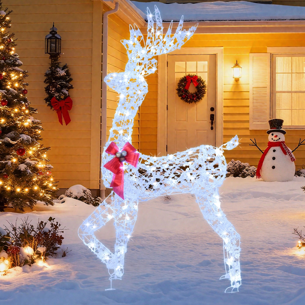 CM25129US 5 ft. Pre-Lit Christmas Reindeer with 100 LED Lights, White & Red