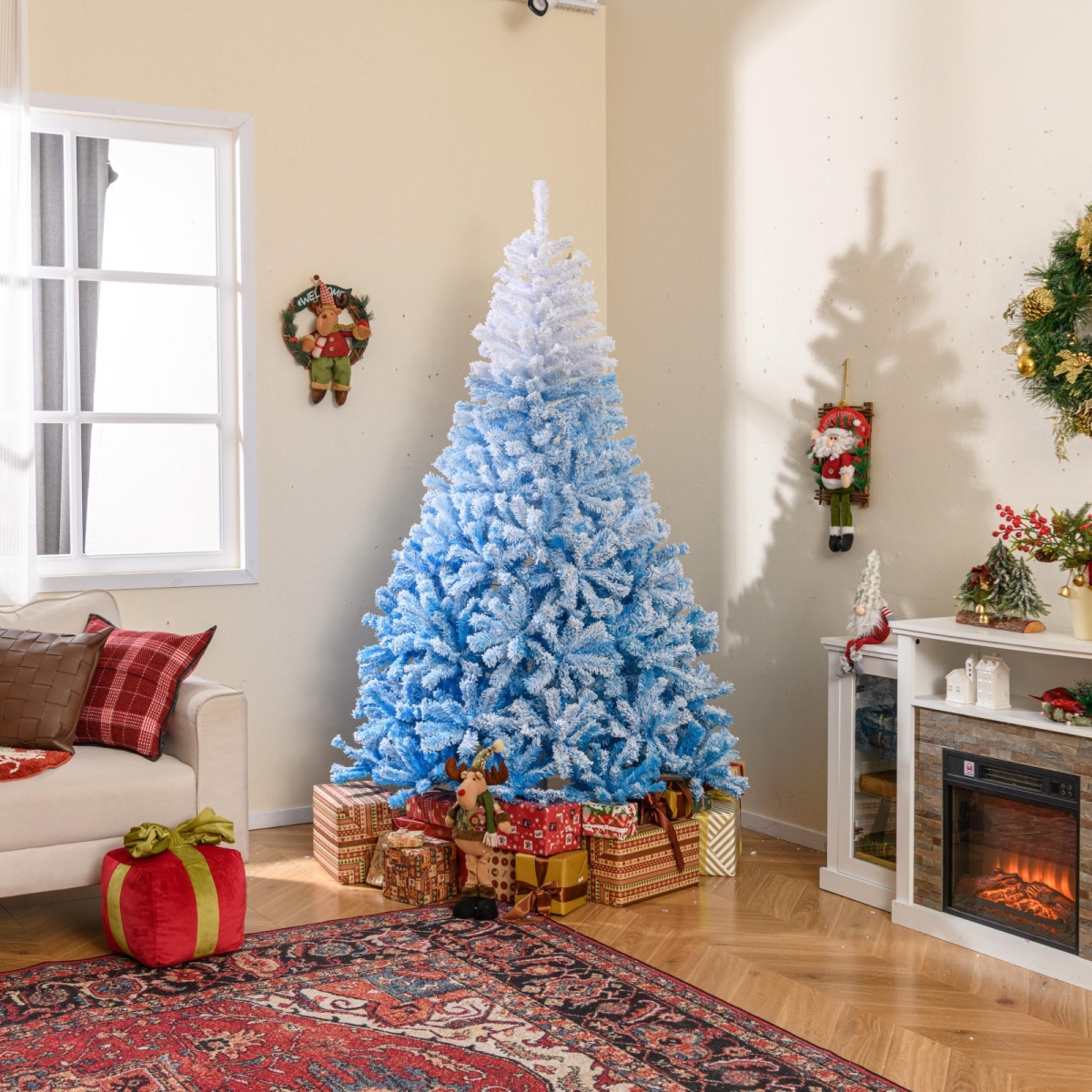 CM25171BL-7 7 ft. 2025 Artificial Christmas Tree with 456 Branch Tips & Folding Metal Stand, White & Blue