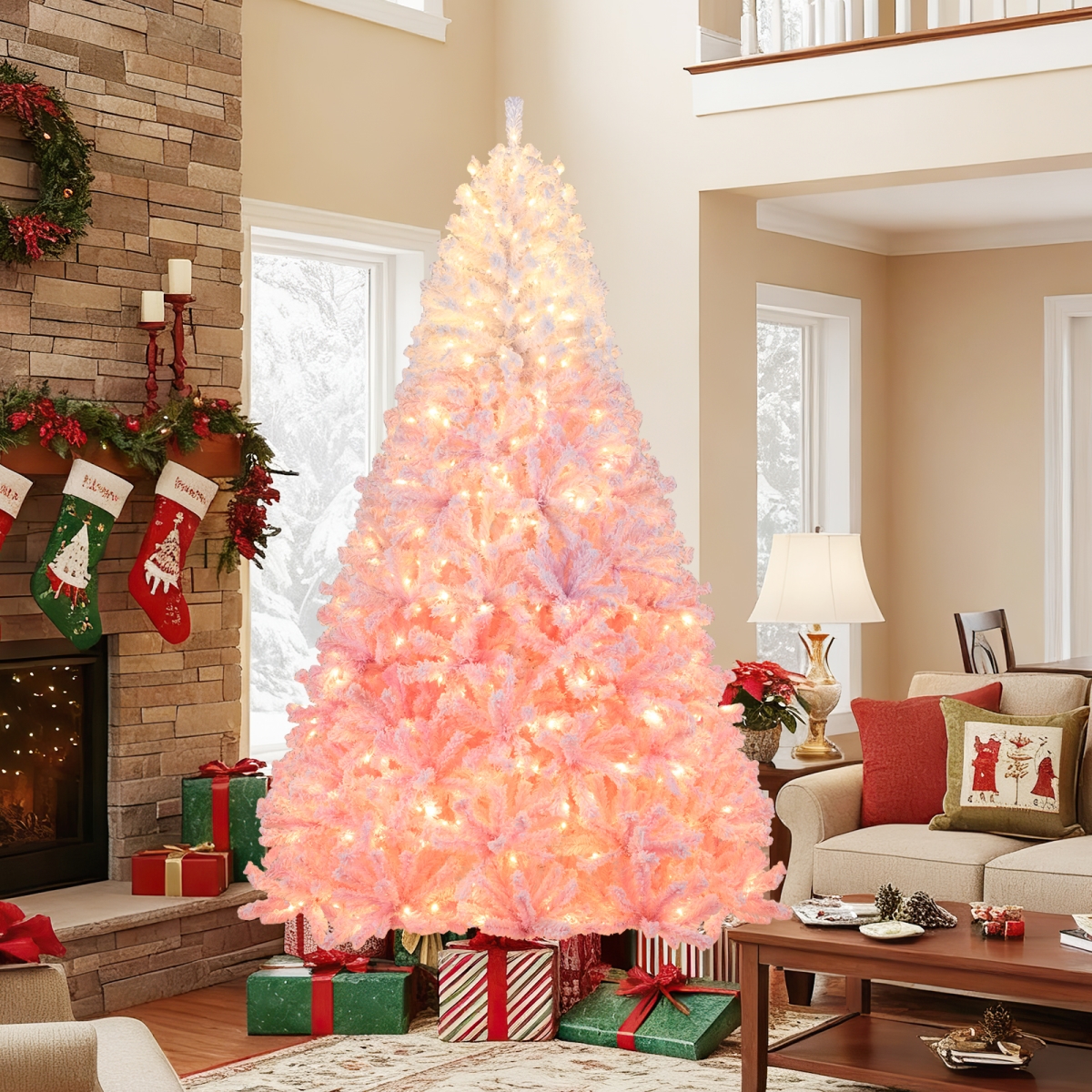 CM25171US-PI8 8 ft. Artificial Christmas Tree with Warm White LED Lights & 8 Modes for Holiday, Pink