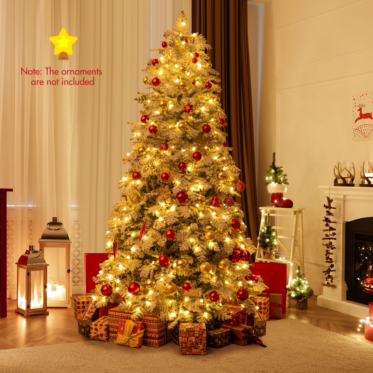 CM25198US-7 7 ft. Artificial Snow-Flocked Christmas Tree Pre-Lit Hinged Xmas Tree with 130 Twinkle Balls, Green & White