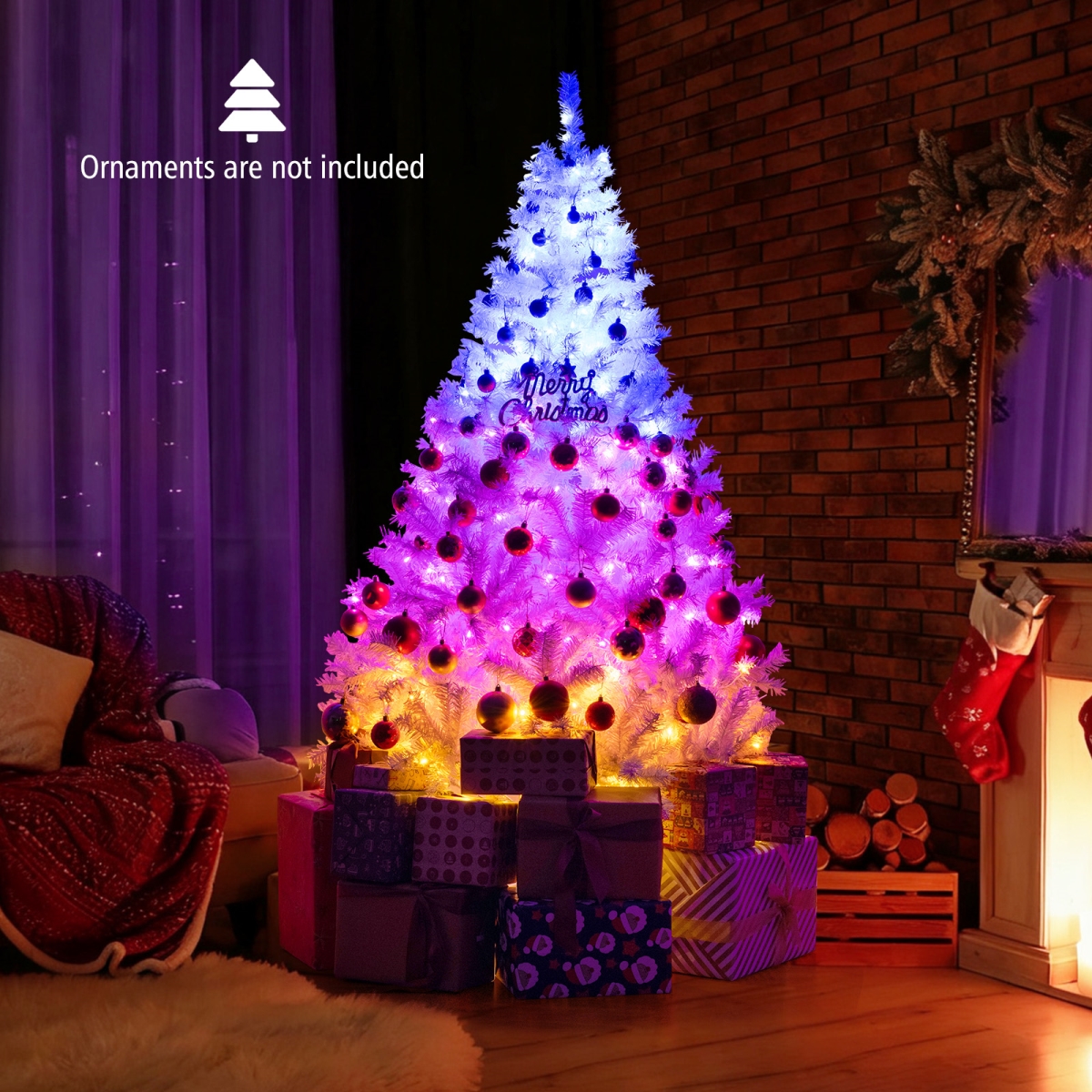 CM25262US-S 6 ft. Artificial Christmas Tree - Hinged Pre-Lit Xmas Tree with 11 Lighting Modes, White