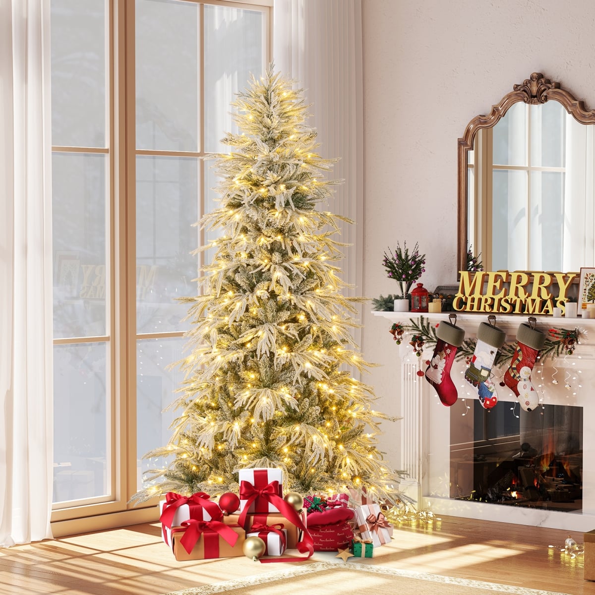 CM25279US-M 7 ft. Snow-Flocked Artificial Christmas Tree - Pre-Lit Hinged Xmas Tree with Warm White LED Lights, Green