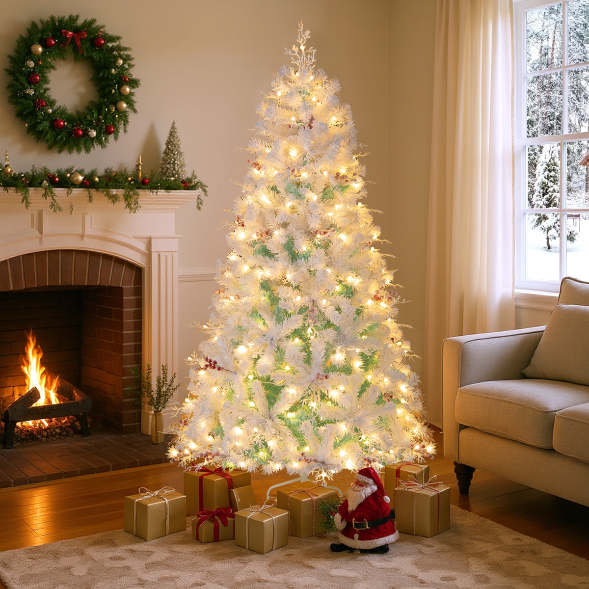 CM25281US-S Pre-Lit Artificial Christmas Tree with Snow Flocked Branch Tips, White & Lake Blue - Small