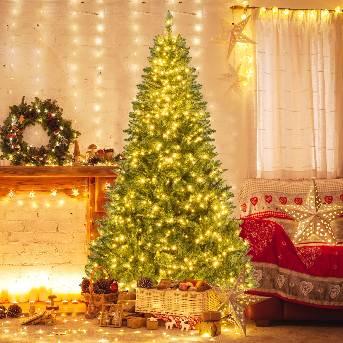 CM25513US-21 7 ft. Artificial Christmas Tree Hinged Xmas Tree with 7 Lighting Modes, Green