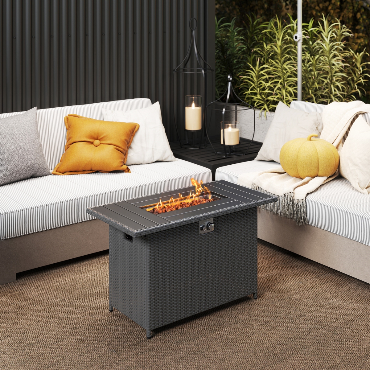 NP12222DK 44.5 in. Propane Fire Pit Table - 2-in-1 Rattan Gas Firepit with Stainless Steel Burner, Black