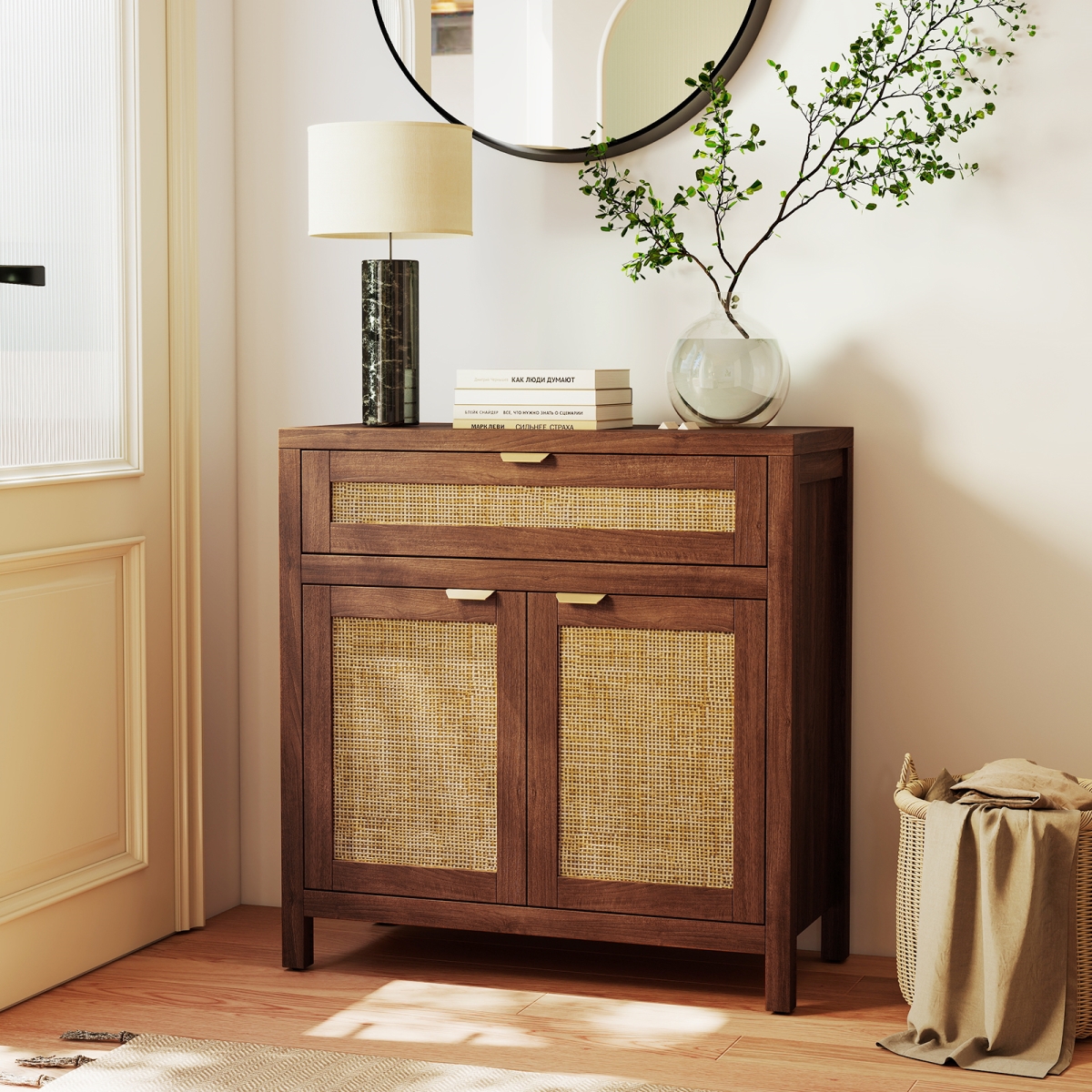 JV12517BN Sideboard Storage Cabinet with Rattan Doors & Drawer, Brown