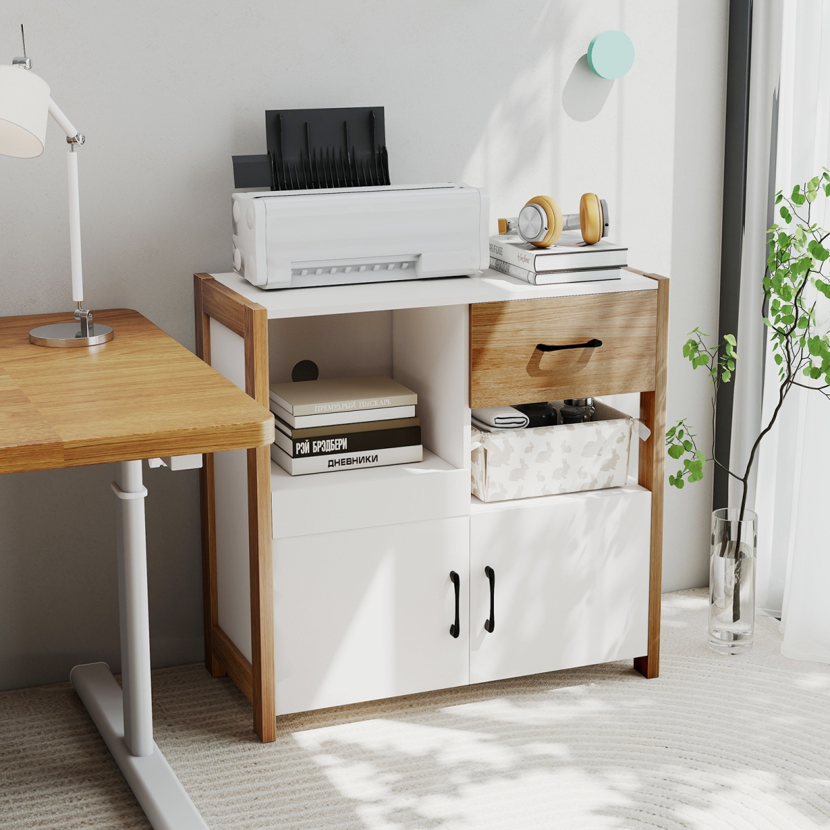 JV12709WH Kitchen Storage Cabinet with Drawer Pull-Out Shelf & 2 Doors, White