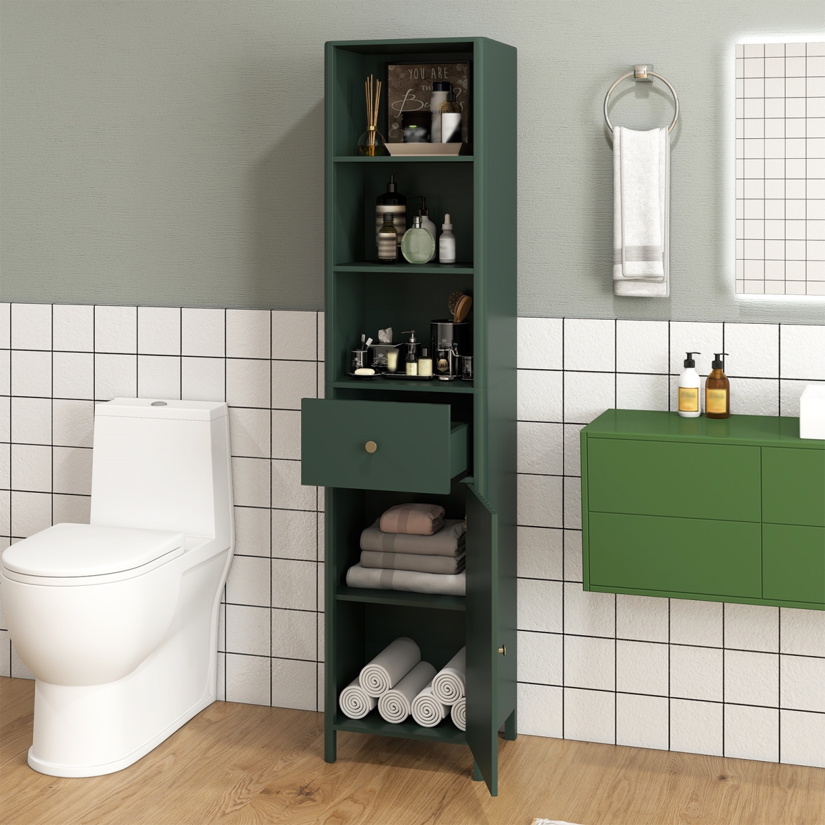 JV12869GN 67 in. Tall Bathroom Cabinet Narrow Floor Cabinet with Fluted Door, Green