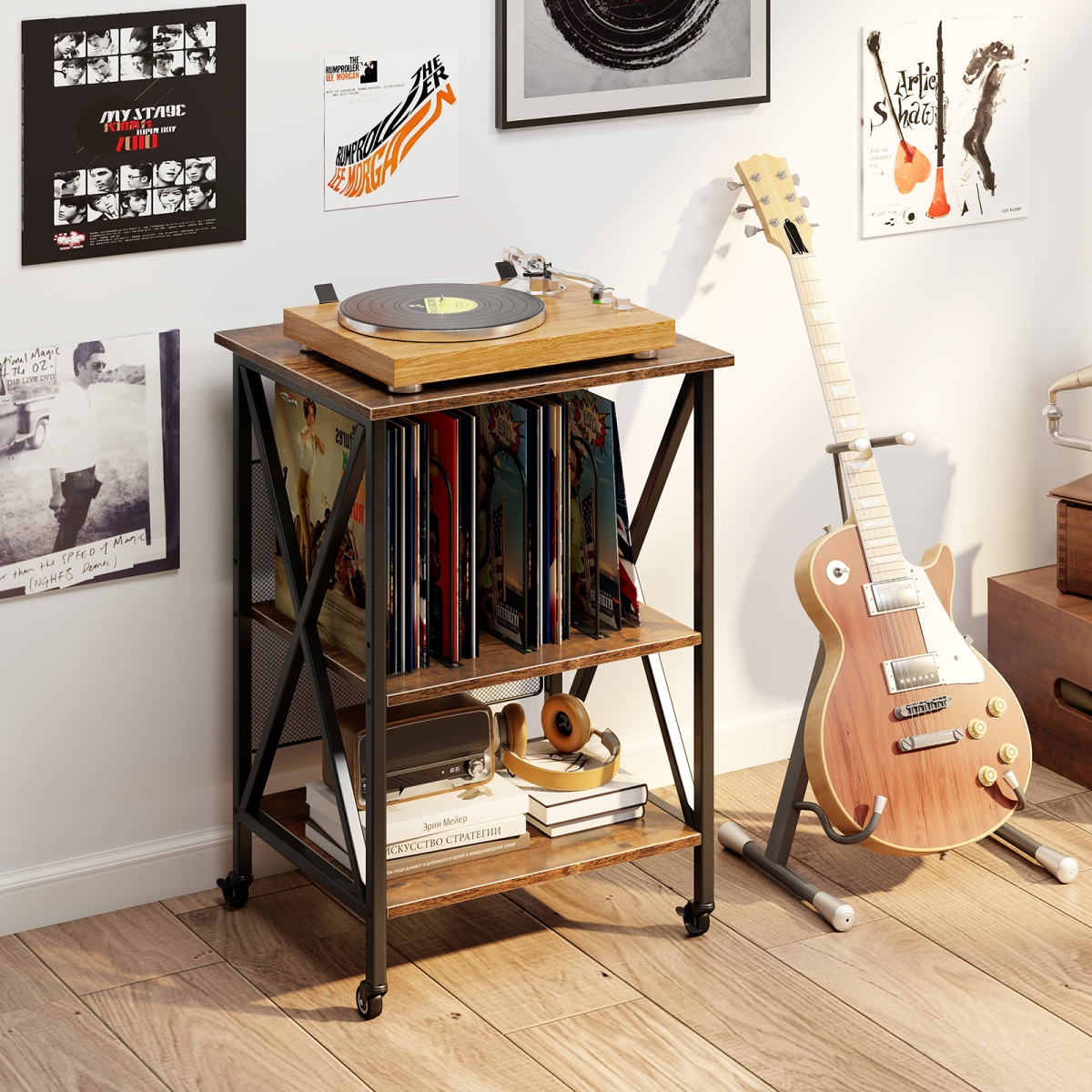JV12905CF 3-Tier Record Player Stand with Charging Station & Adjustable Shelf, Coffee