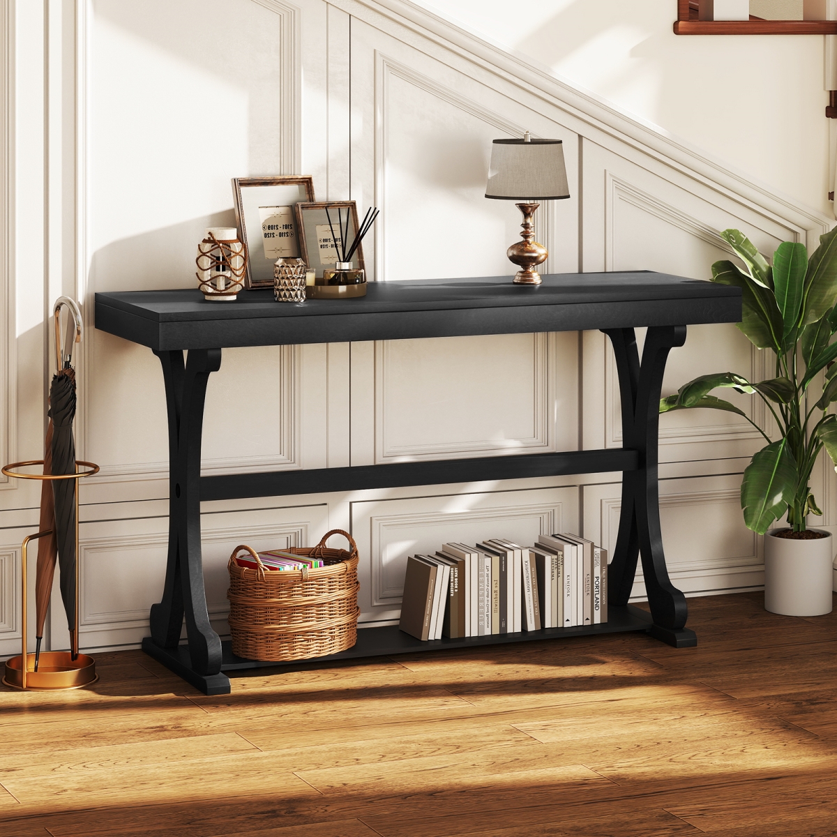 JV13215DK 52 in. Narrow Vintage Console Table - Long with Open Storage Shelf, Black