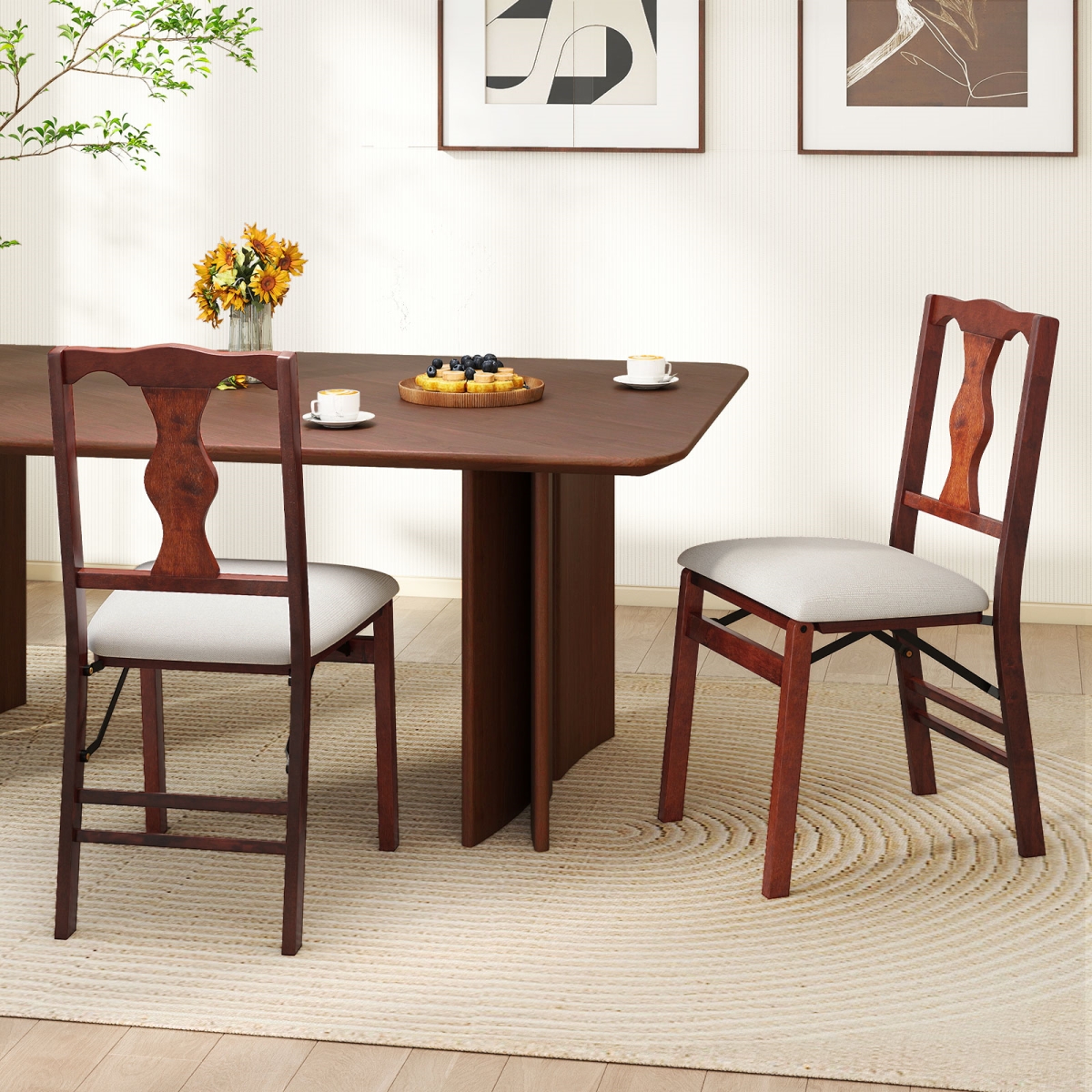 JV13223BN Folding Chairs - Upholstered Dining Chairs with Comfy Padded Seats, Brown - Set of 2