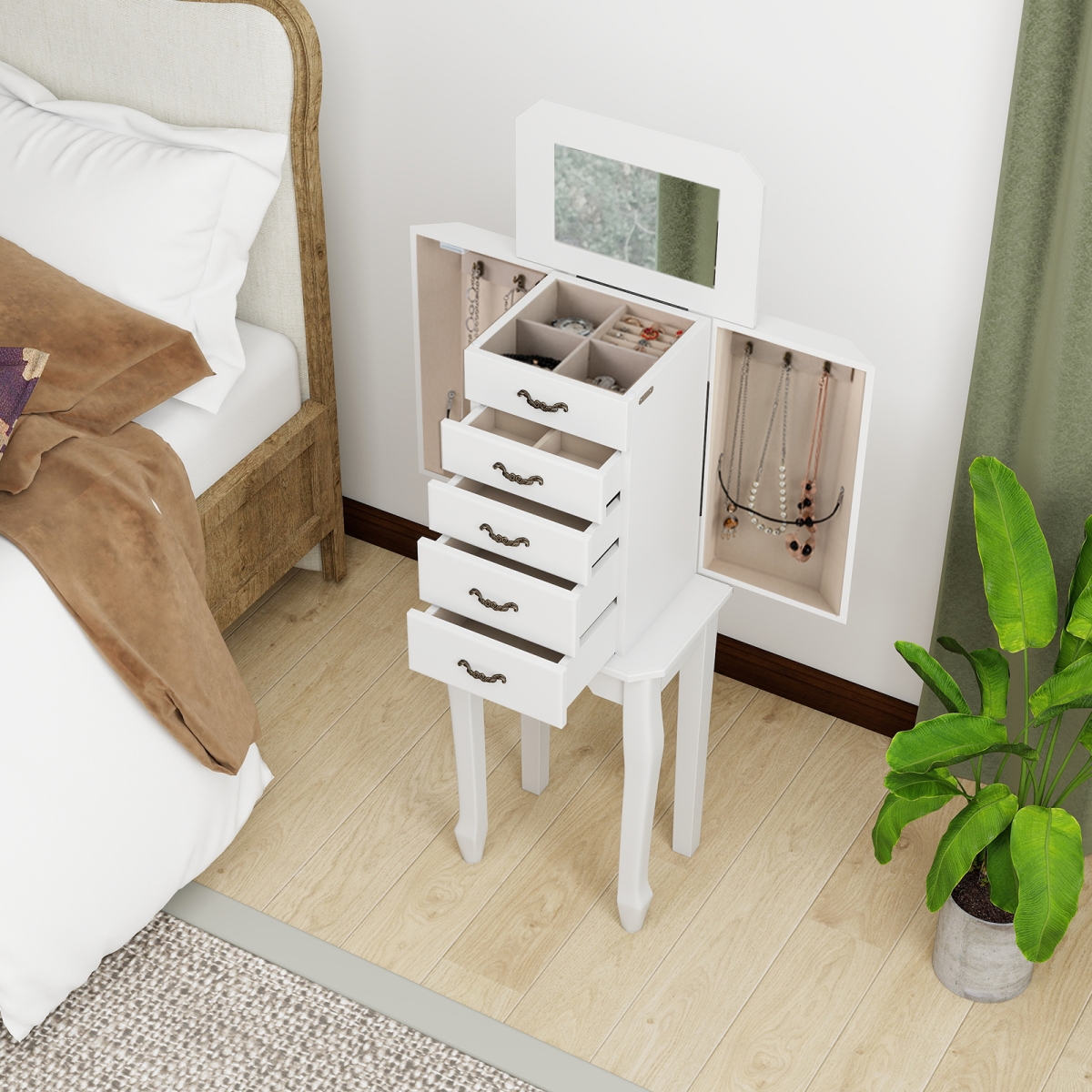 JV13250WH Standing Jewelry Box with 4 Drawers & 2 Side Doors, White