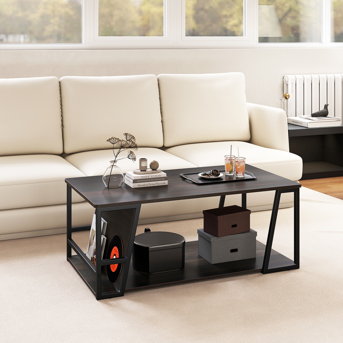 JV13307BN Rectangle 2-Tier Industrial Coffee Table with Storage Shelf & Compartment, Brown