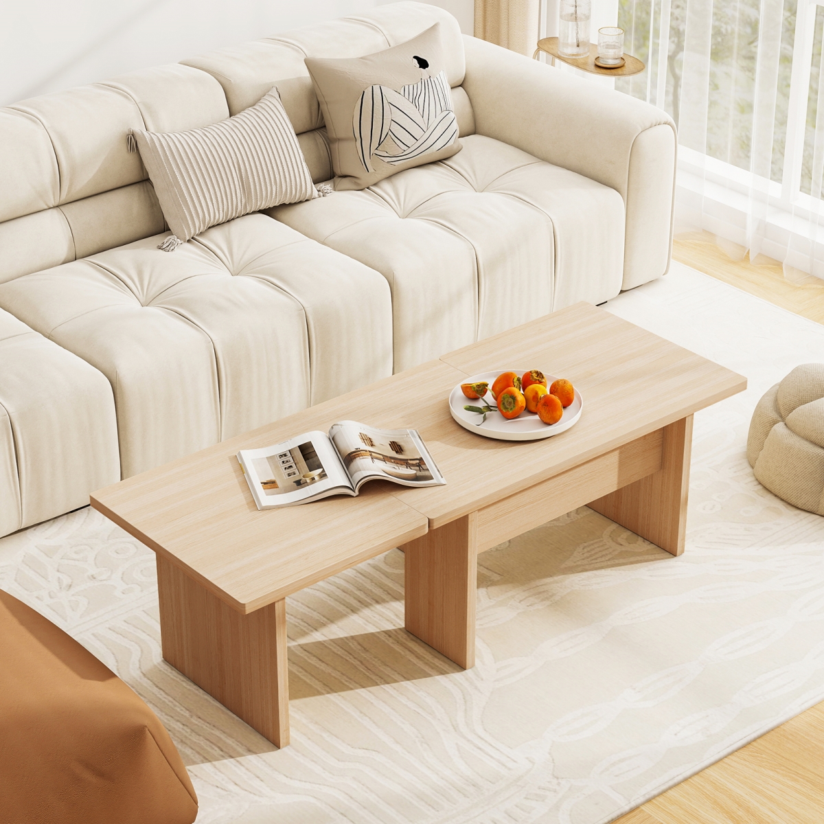 JV13392OA Modular Coffee Table - L Shaped Center Tables for Small Space, Oak - Set of 2
