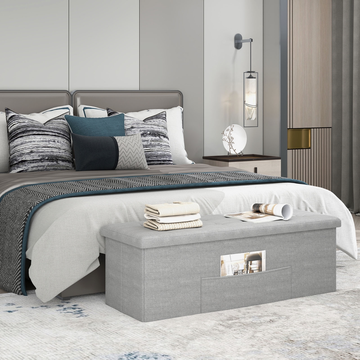 JV13444LG 43 in. Folding Linen Storage Ottoman Bench with Padded Seat, Light Gray