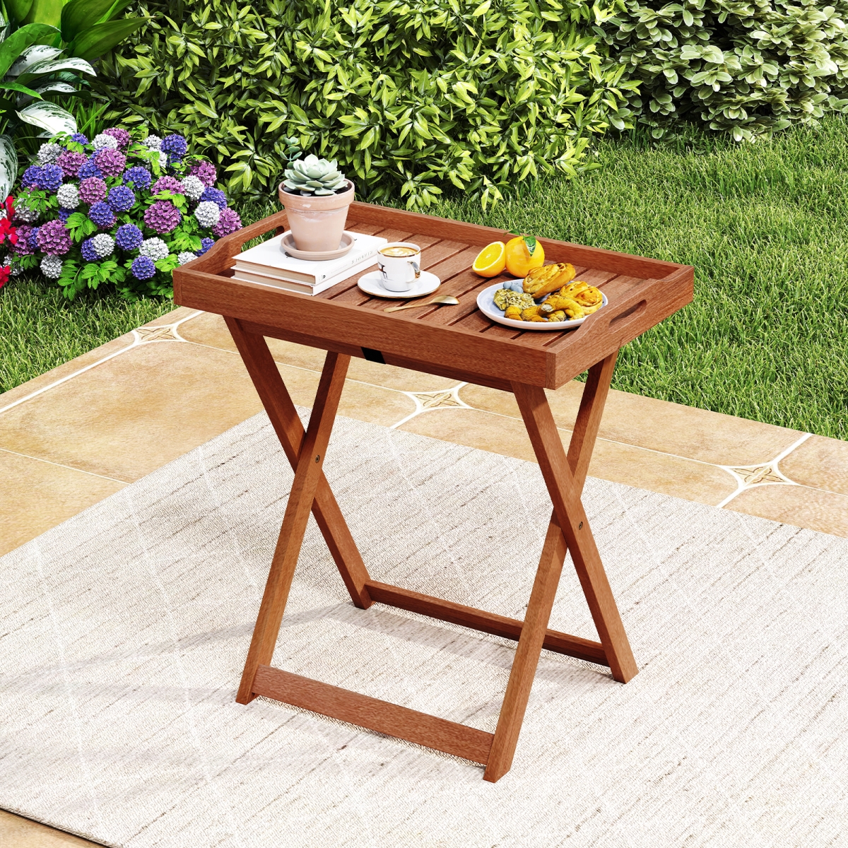 JV13494 Outdoor Patio Solid Wood Tray Table with Removable Top No Assembly Required, Natural