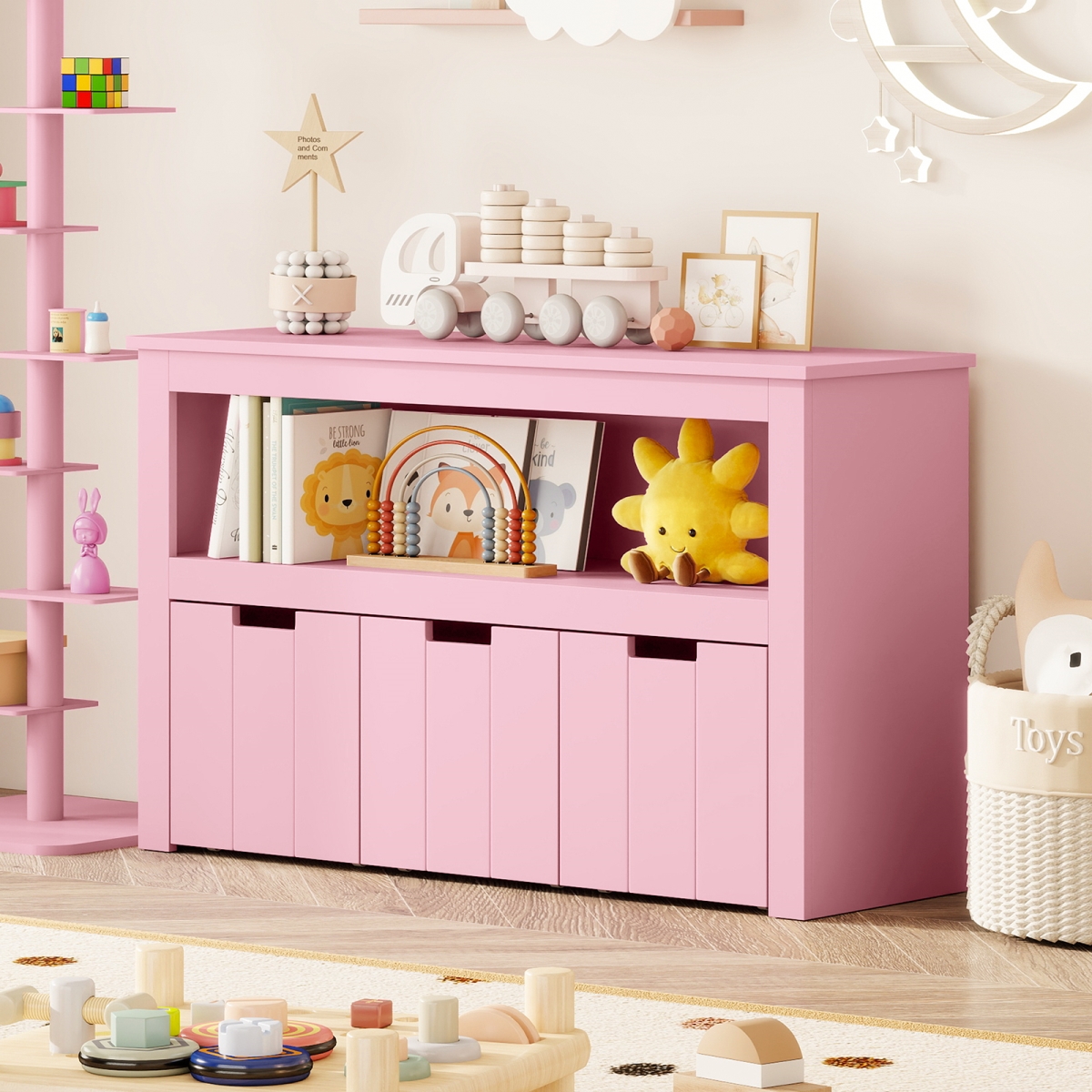 JV13501PI Kid Toy Storage Cabinet Drawer Chest with Wheels & Large Storage Cube Shelf, Pink