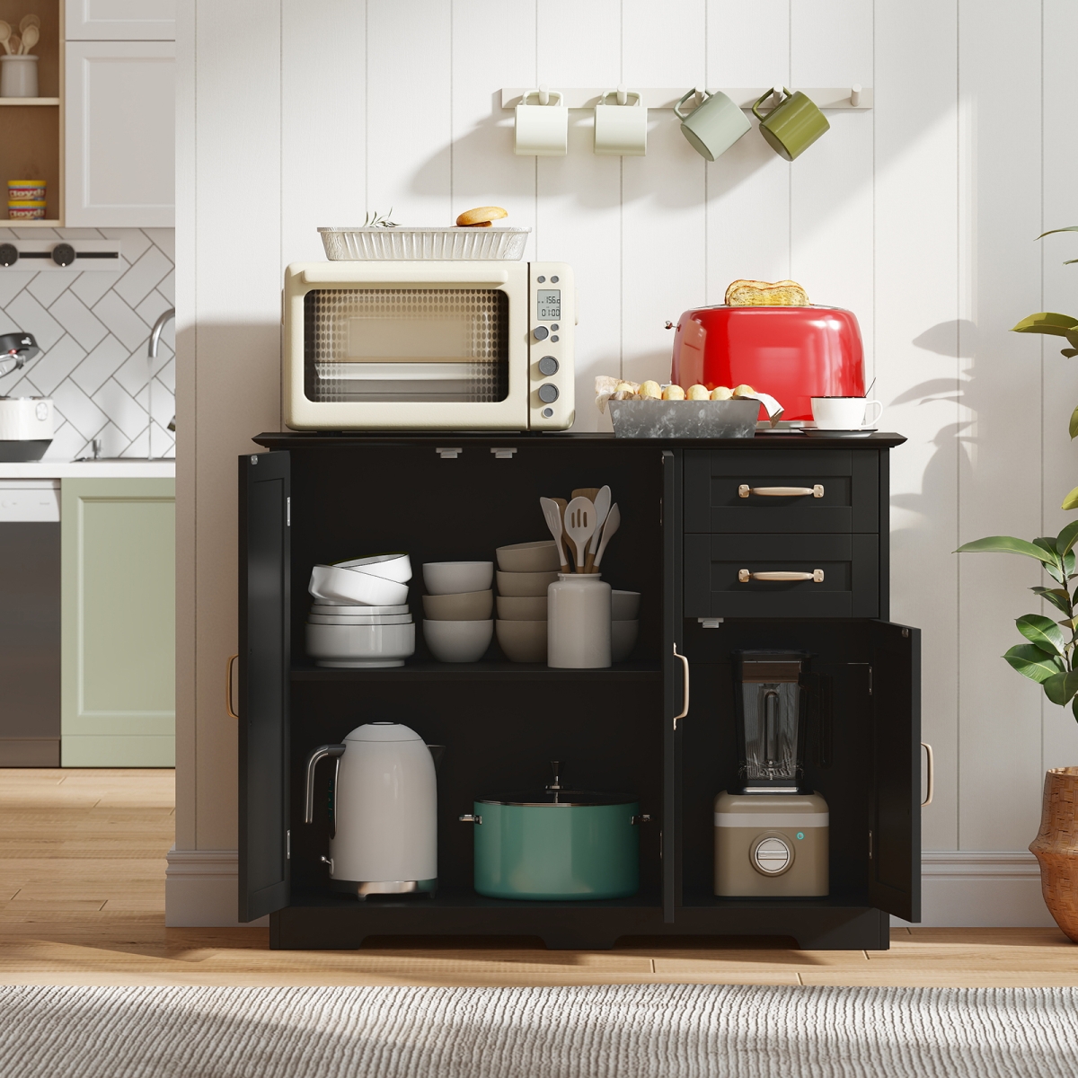 JV13503DK 40 in. Modern Kitchen Sideboard Buffet Cabinet with 2 Drawers & Adjustable Shelf, Black
