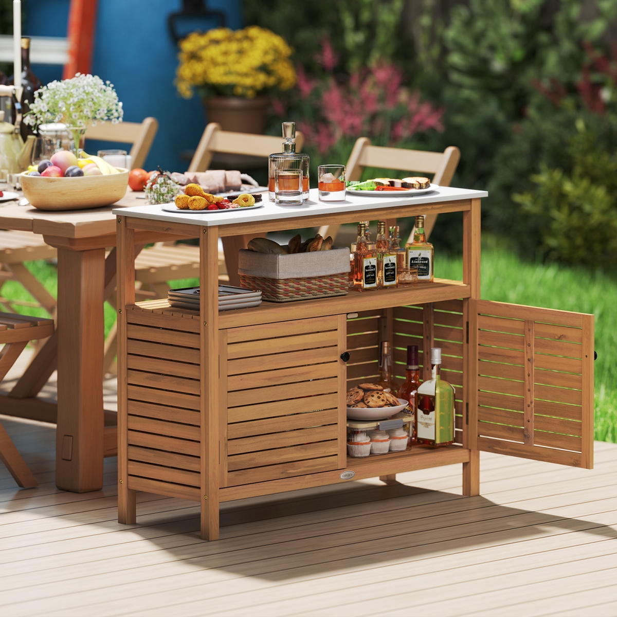 JV13554 Patio Wood Storage Cabinet - Outdoor Acacia Wood Buffet Cabinet, Natural & White