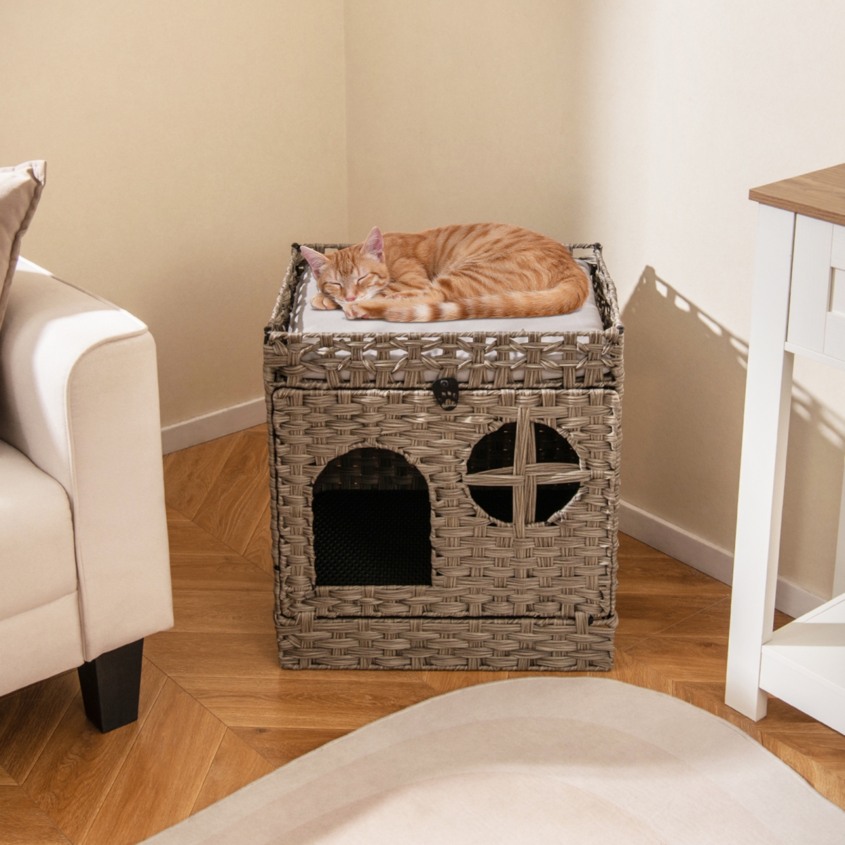 PV10292GR Foldable 2-Tier Rattan Cat Litter Box Enclosure with Litter Mat, Gray
