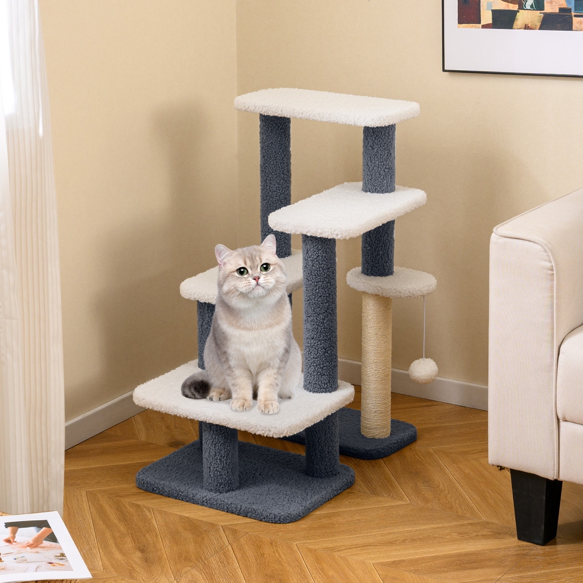 PV10430GR 2-in-1 Cat Stairs Cat Tree Tower with Scratching Posts & Hanging Toy Ball, Gray