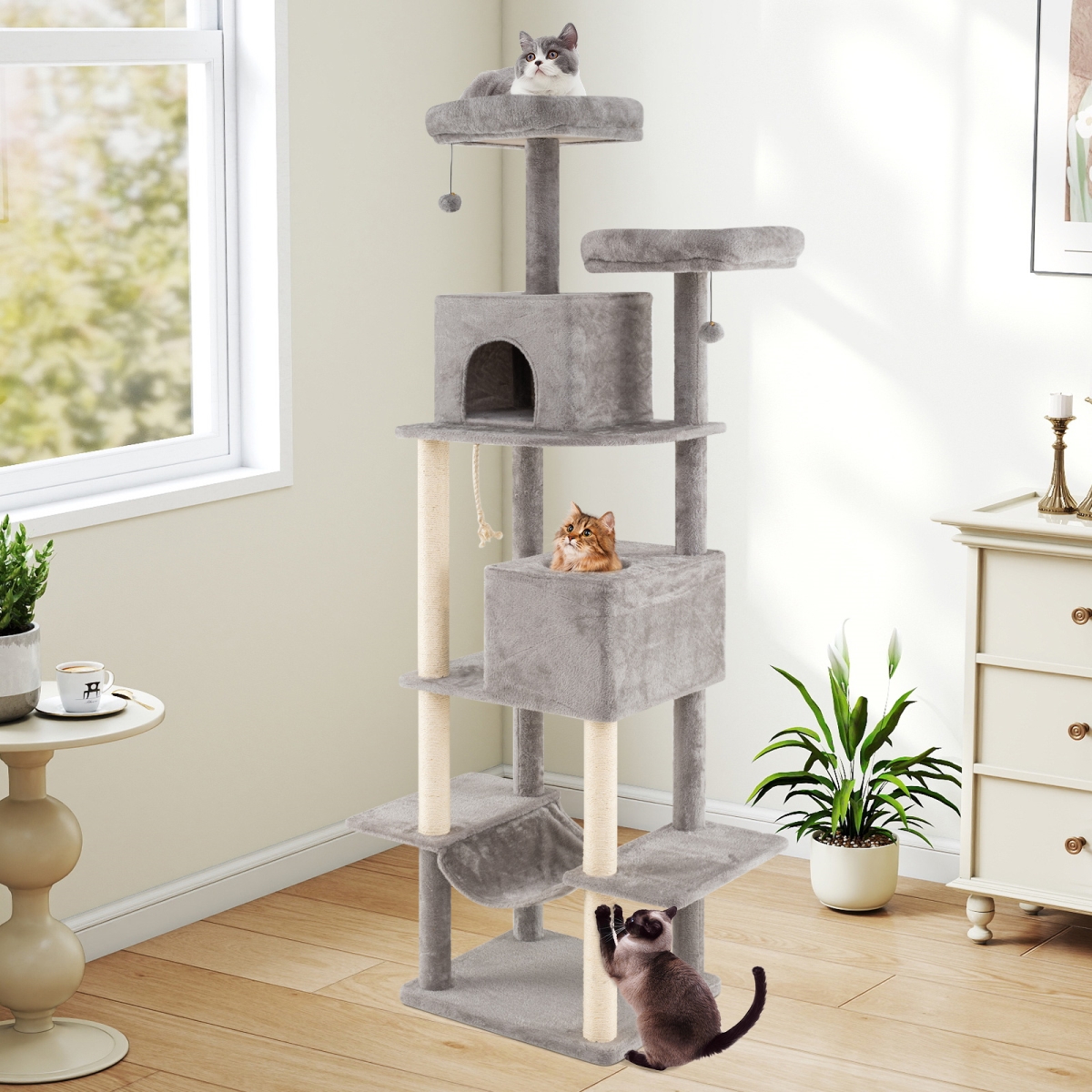 PV10434GR 84 in. Large Cat Tree with 2 Condos & 2 Soft Plush Perches for Indoor Cats, Gray