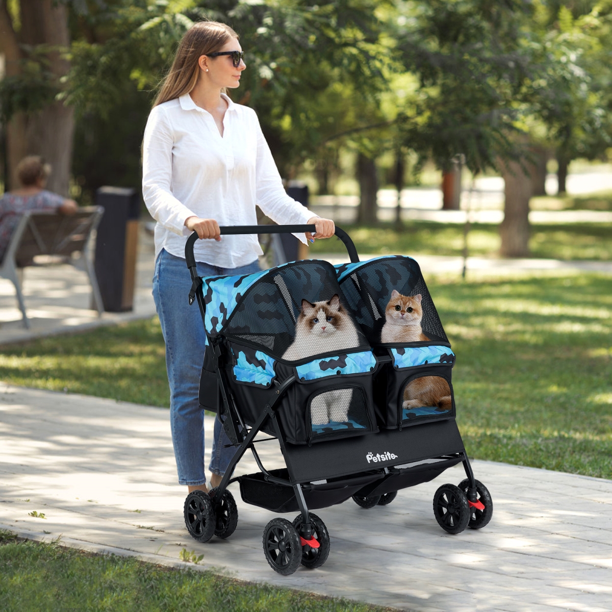PW10142NY Foldable Double Pet Stroller with Adjustable Sunshade & Storage Basket, Navy