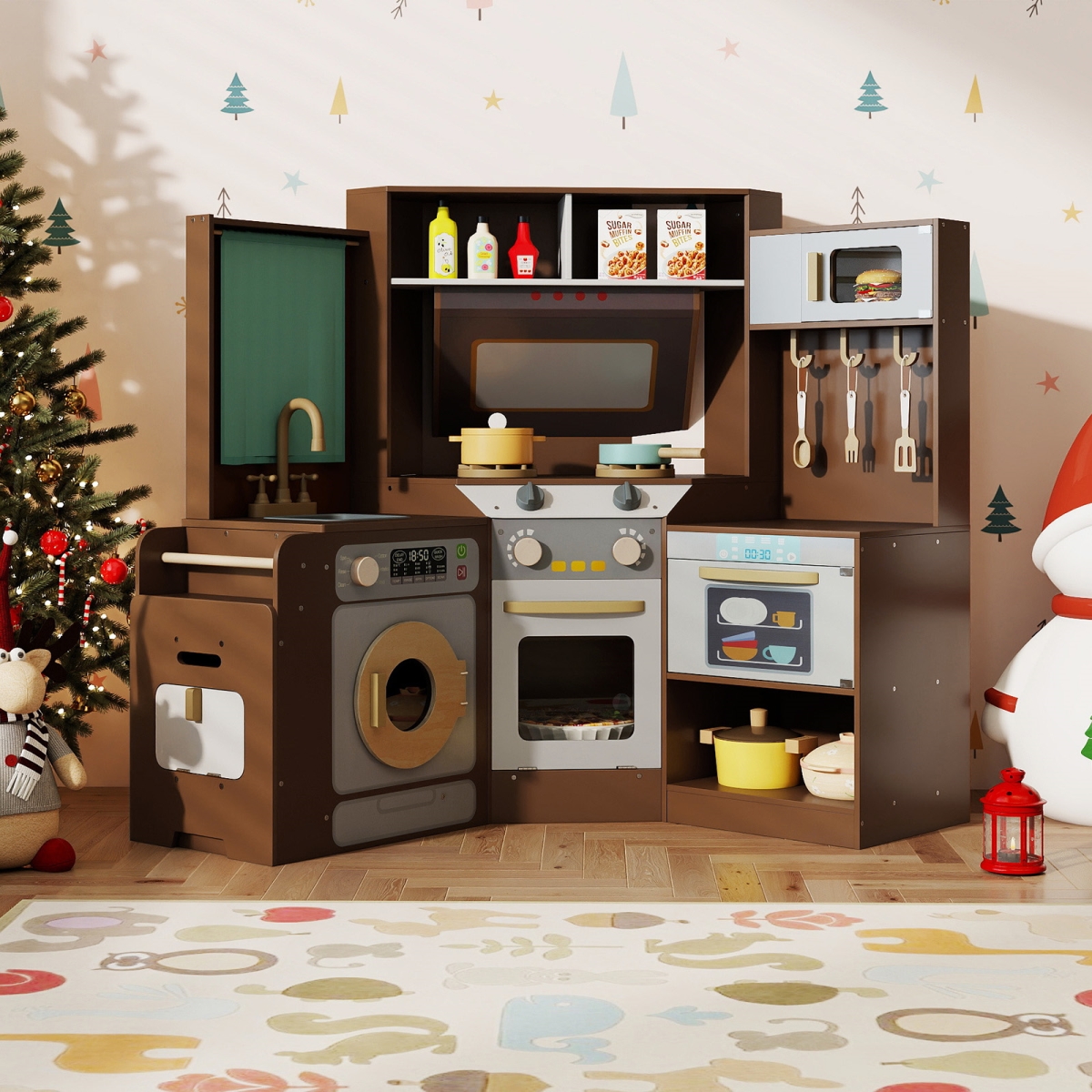 TP10311CF Corner Kitchen Toys with Lights & Sounds with Pull-Out Trash Can & Stoves, Coffee