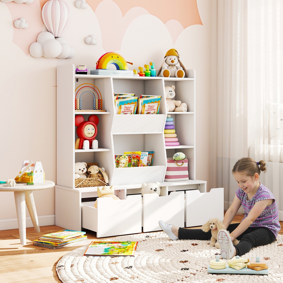 TP10342WH 47 in. Childrens Bookcase & Toy Storage Organizer - Versatile Kids Storage Cabinet, White