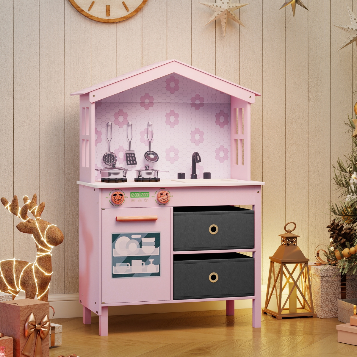 TP10421PI Kids Play Children Toy Kitchen Playset with 2 Stoves & Rotation Knobs, Pink