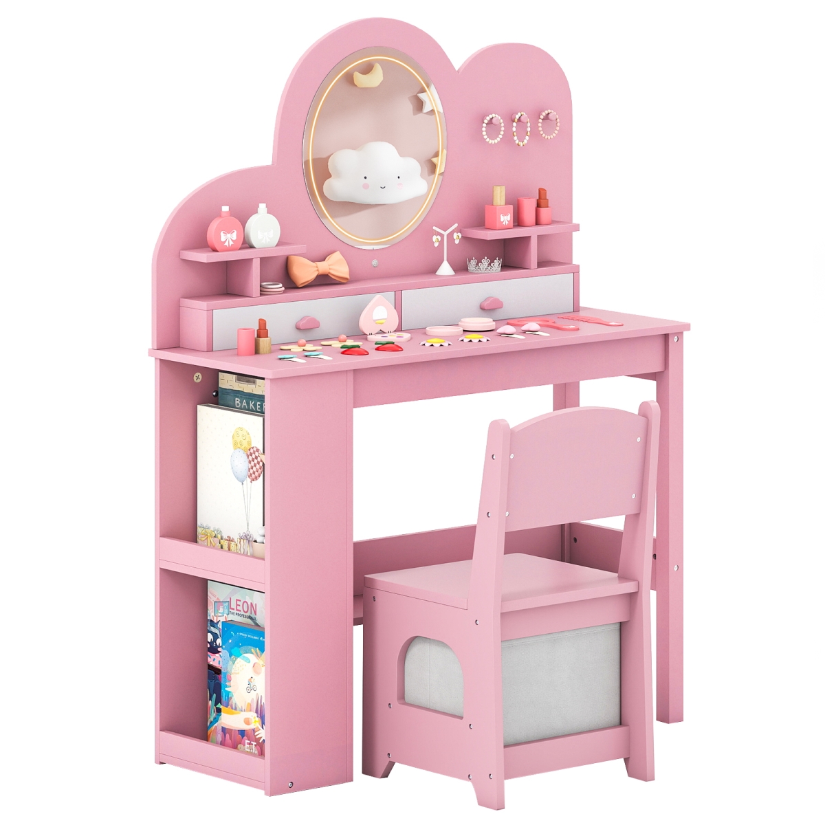 TP10446PI Kids Vanity with Lights Princess Vanity Table & Chair Set with 2 Drawers & 2-Tier Bookshelf, Pink