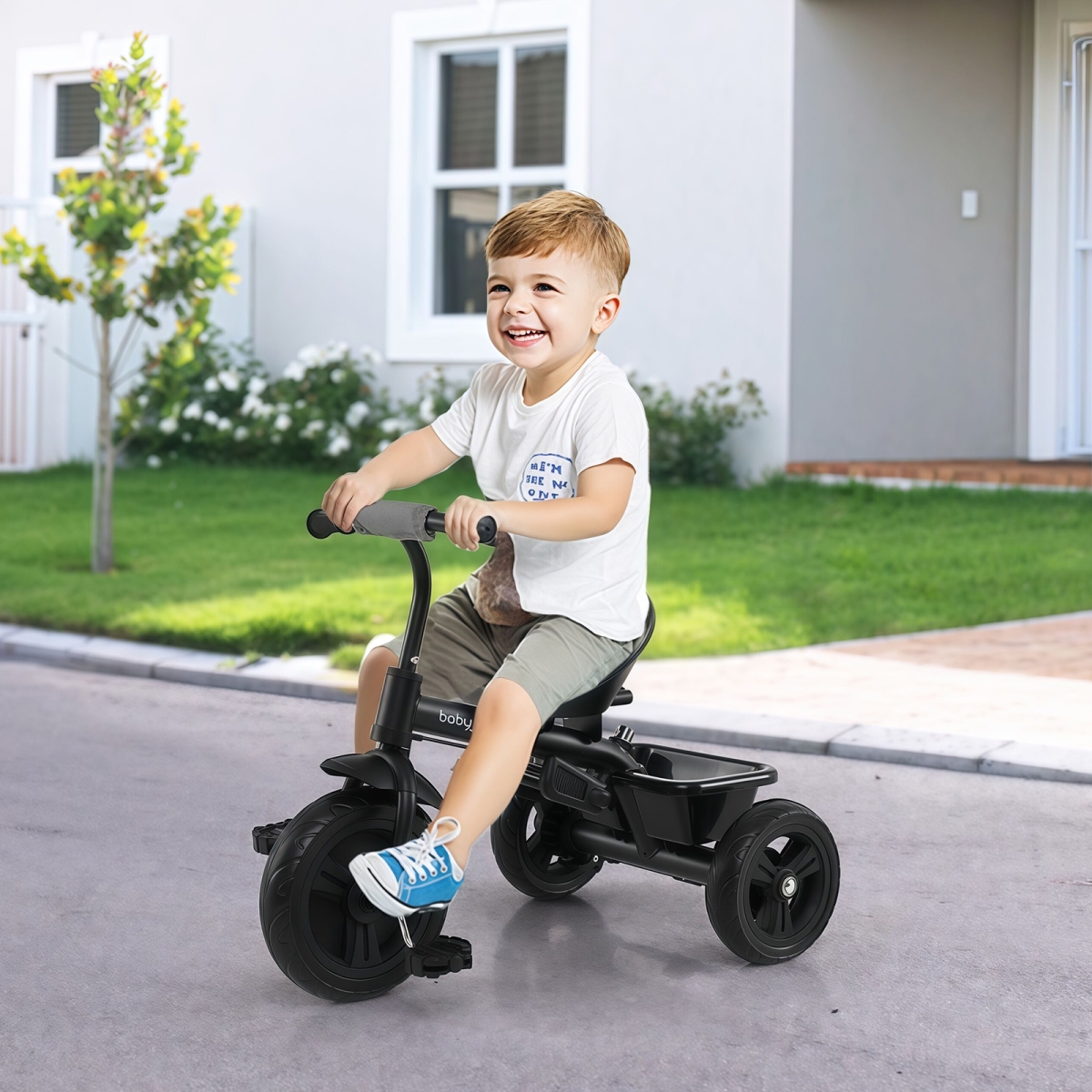 TQ10349GR 7-in-1 Baby Stroller Tricycle with Adjustable Canopy & Foldable Footrests for Ages 9-60 Months Old, Gray
