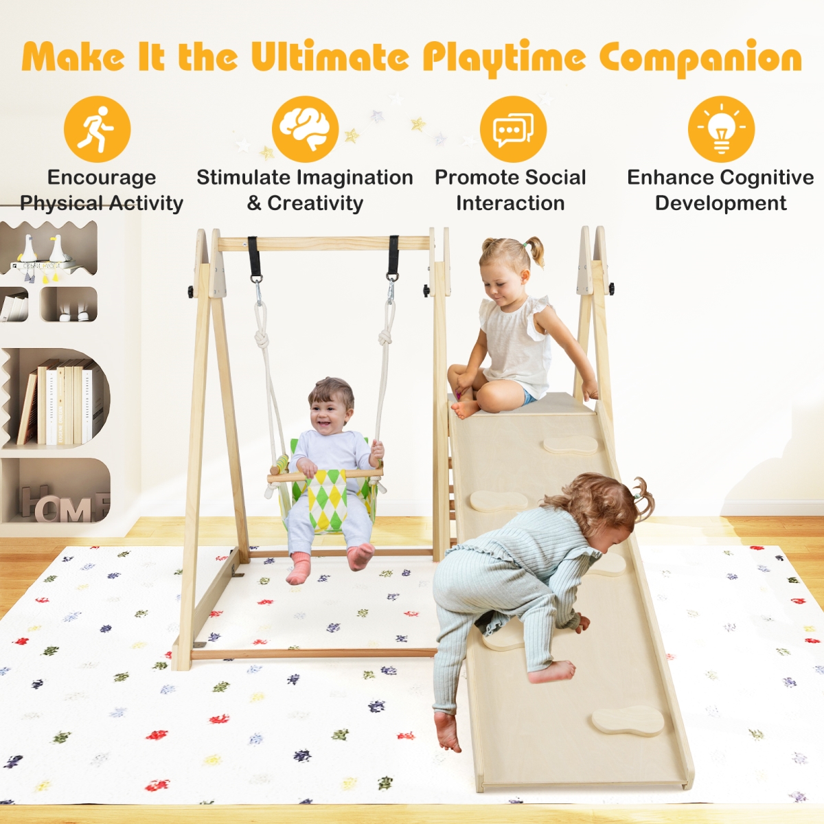 TS10247NA 4-in-1 Indoor Jungle Gym with Baby Swing & Climbing Ramp, Natural