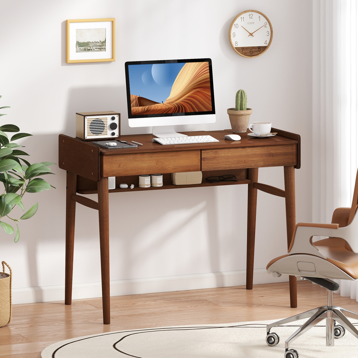 JV11089BN Bamboo Writing Desk with 2 Storage Drawers & Open Shelf, Walnut