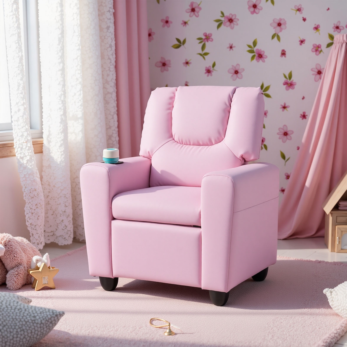 HY10458PI Kids Recliner Chair - Push Back Toddler Reclining Armchair with Cup Holder, Pink
